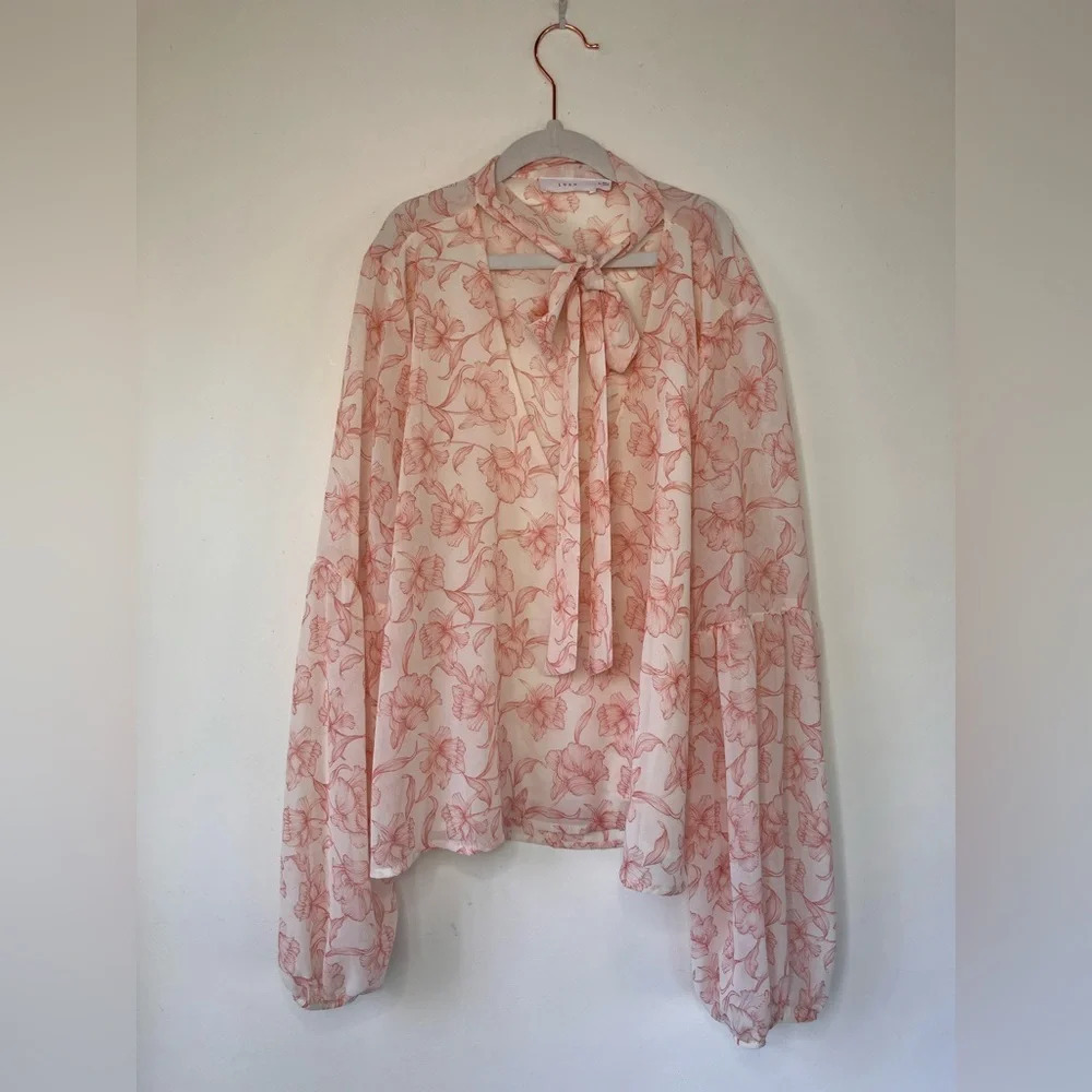 LUSH Floral Tie Neck Tunic Sheer Blouse Feminine Flowy Bell Sleeves Women’s Sz M - Picture 7 of 9